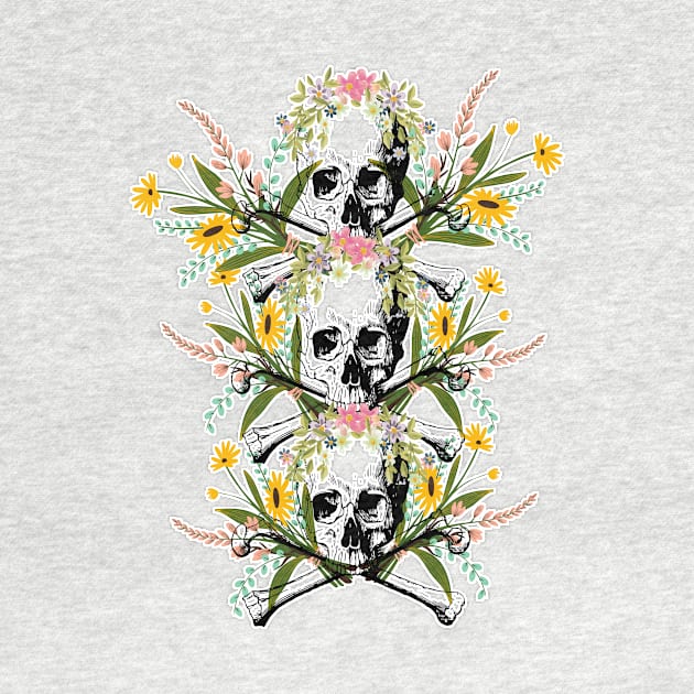 sweet and subliminal skeletal skull with flowers of various colors by JENNEFTRUST